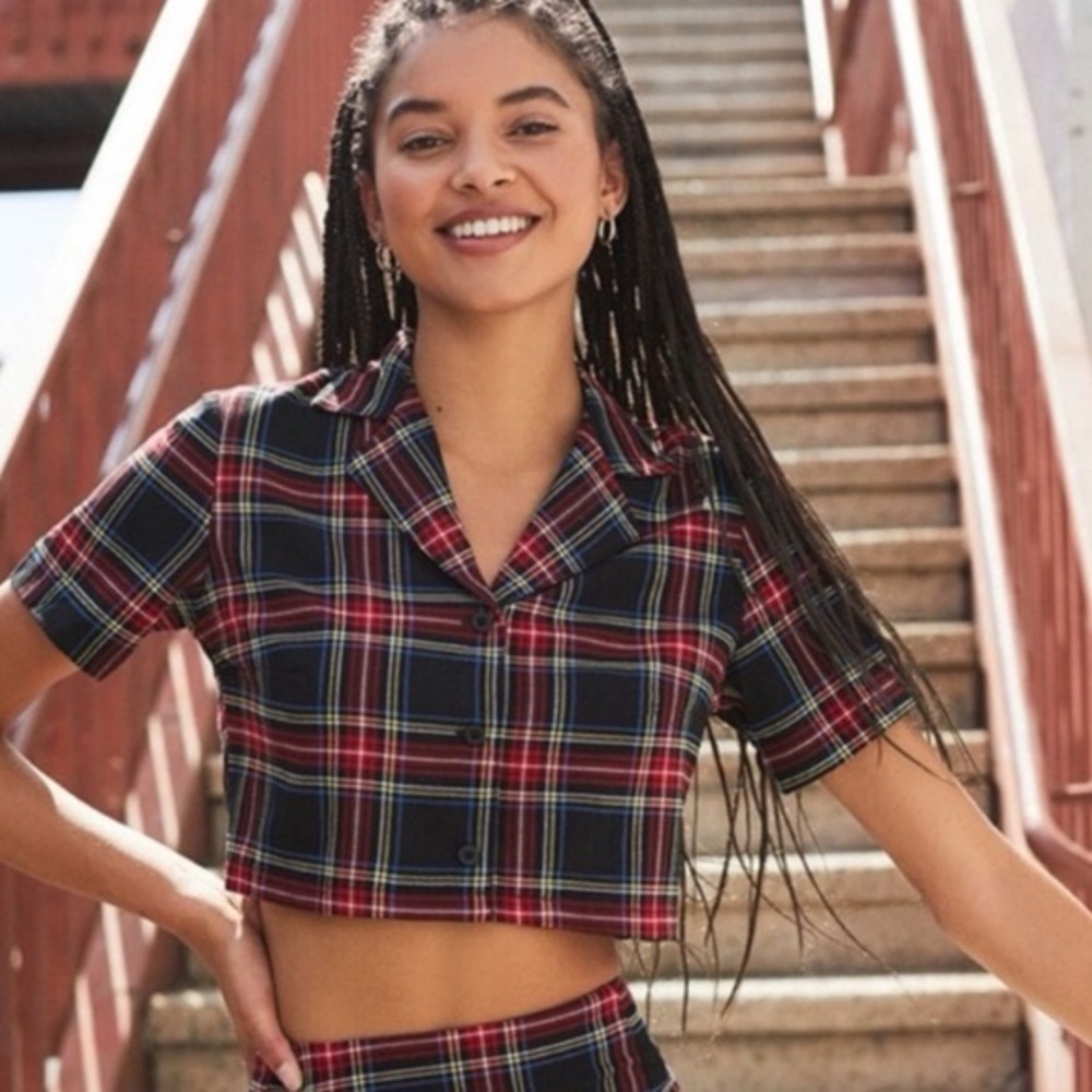Brandy Melville John Galt Plaid Tartan Vivian Crop Button Down  Top size small